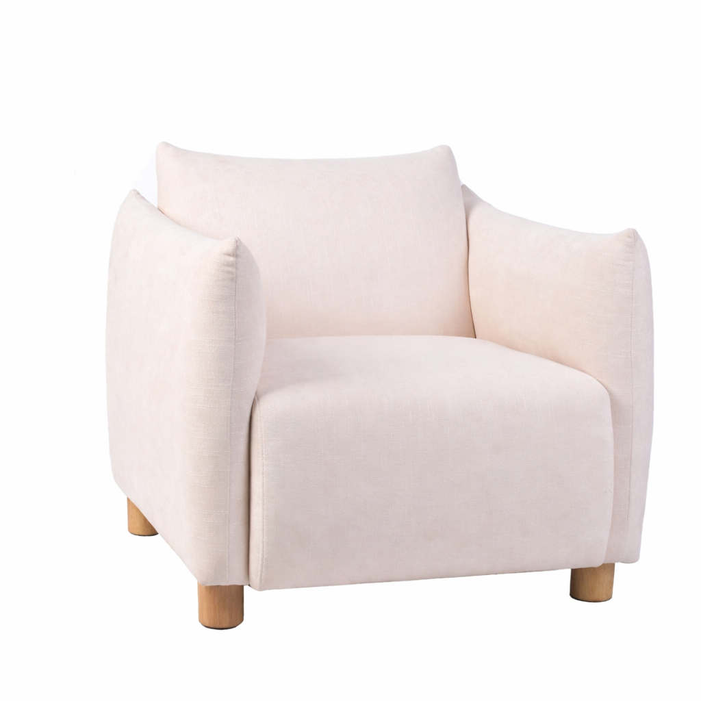 fauteuil lounge tissu beige pieds bois