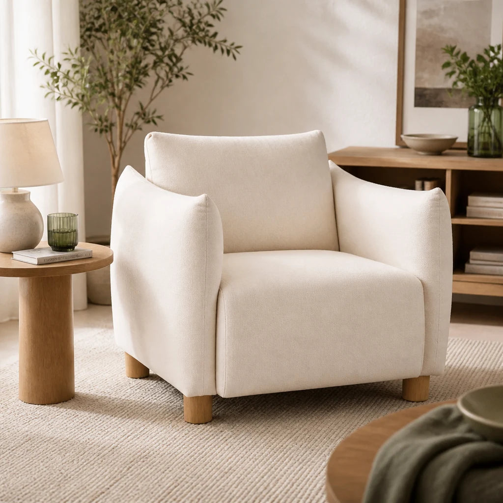 fauteuil lounge tissu beige pieds bois
