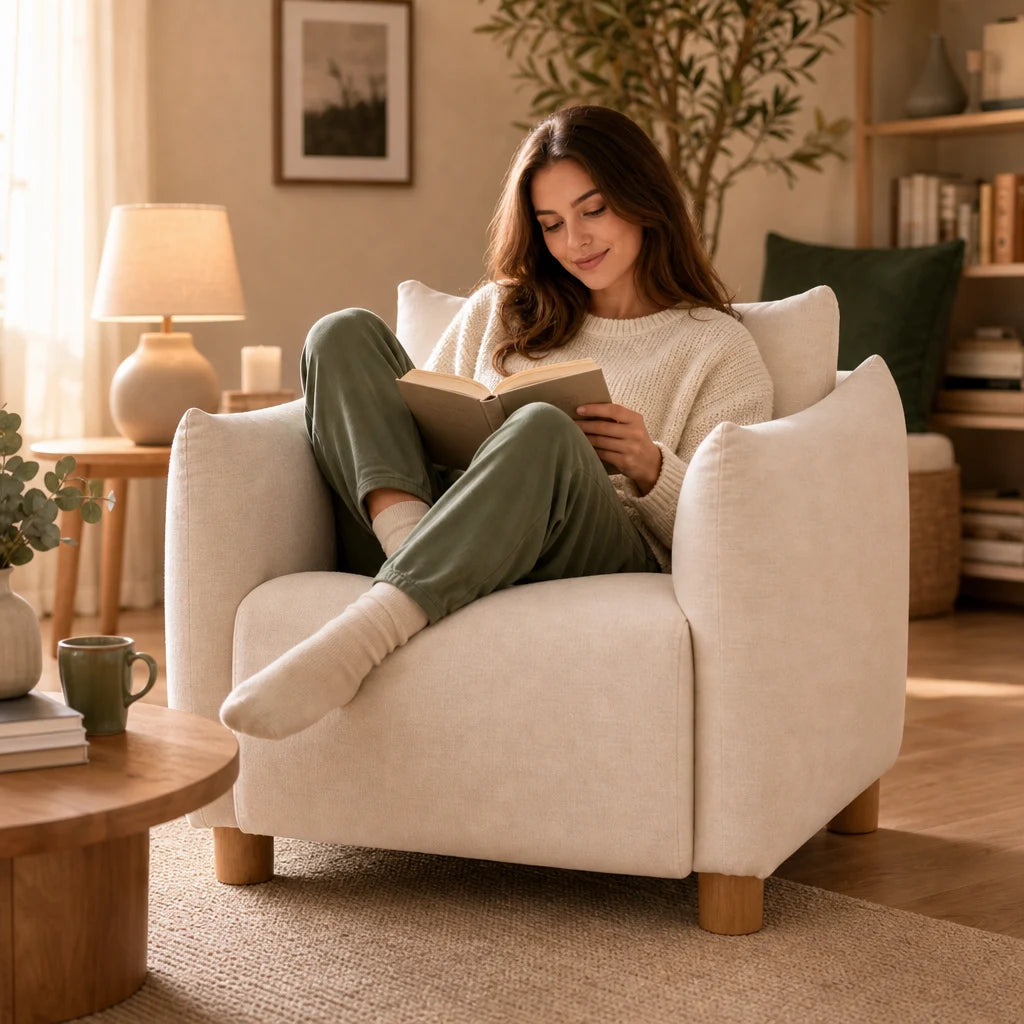 fauteuil lounge tissu beige pieds bois