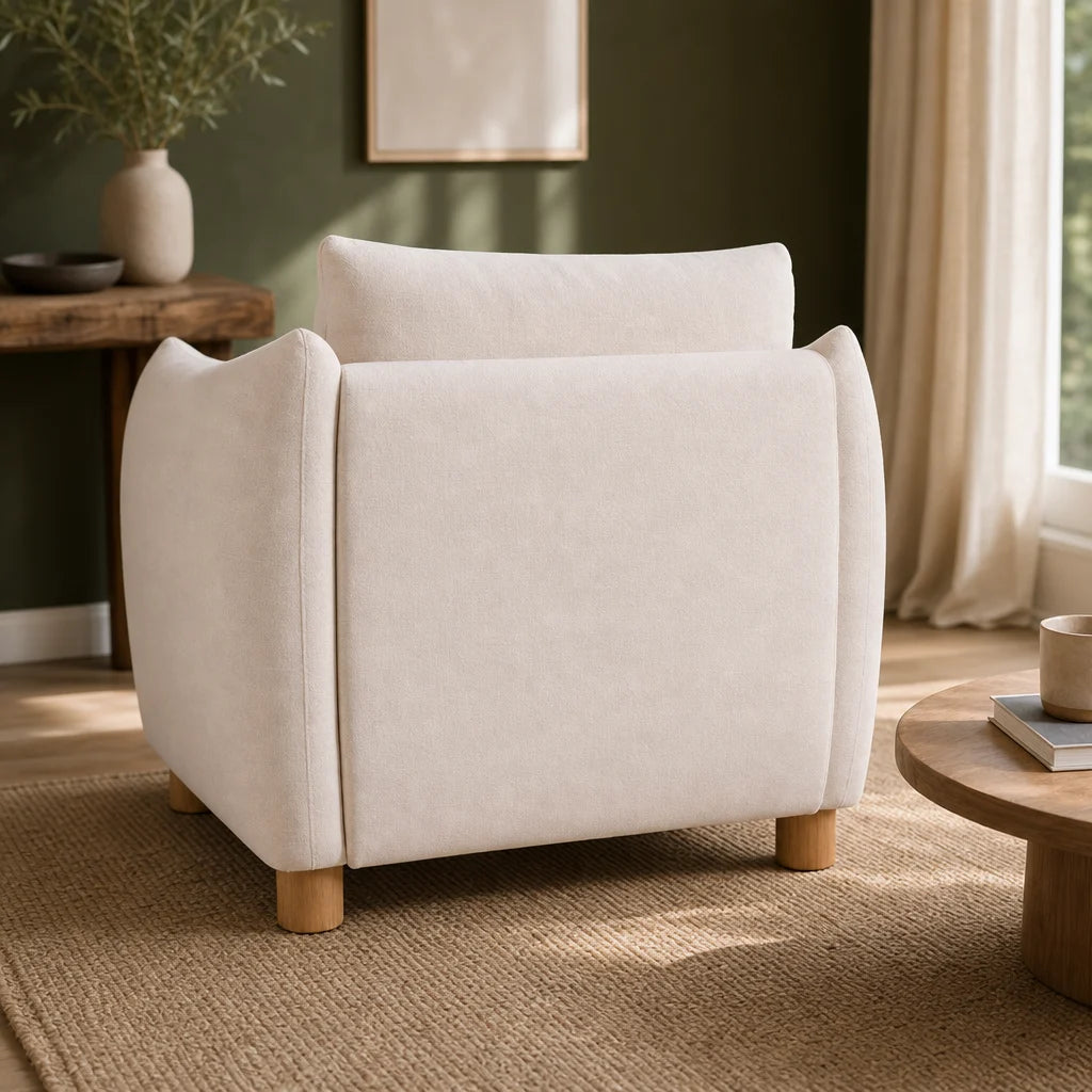 fauteuil lounge tissu beige pieds bois