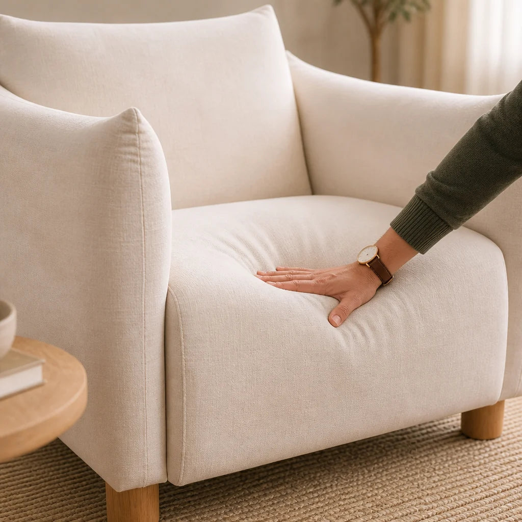 fauteuil lounge tissu beige pieds bois